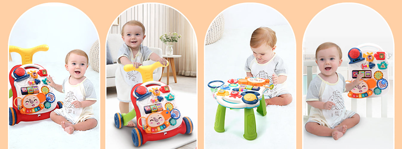 Antepremergator Baby Elephant 3 in 1 IdealStore, Echipat cu panou interactiv detasabil, Acesta se poate transforma si intr-o masuta de activitati cu sunete, Cos de baschet cu 3 mingi incluse, Culoare Rosu
