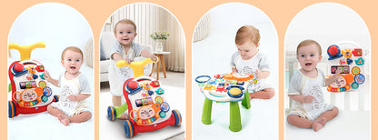 Antepremergator Baby Elephant 3 in 1 IdealStore, Echipat cu panou interactiv detasabil, Acesta se poate transforma si intr-o masuta de activitati cu sunete, Cos de baschet cu 3 mingi incluse, Culoare Rosu