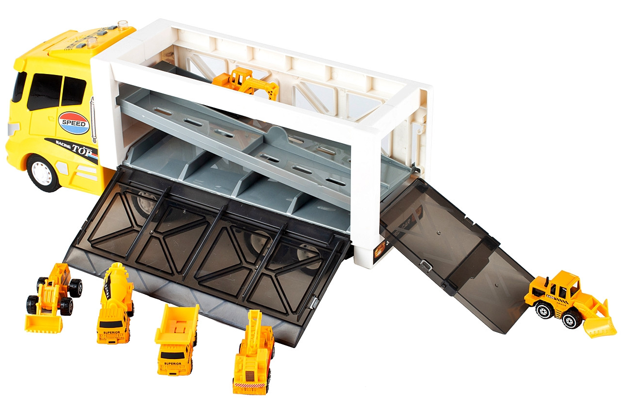 Camion cu Vehicule de constuctii Speed Top Racing idealSTORE, Dimensiuni 43 x 12 x 17 cm Echipat cu roti durabile din cauciuc, Efecte sonore, Lumini, Rampa, Accesorizat cu 6 vehicule, Fabricat din plastic durabil