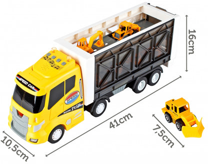 Camion cu Vehicule de constuctii Speed Top Racing idealSTORE, Dimensiuni 43 x 12 x 17 cm Echipat cu roti durabile din cauciuc, Efecte sonore, Lumini, Rampa, Accesorizat cu 6 vehicule, Fabricat din plastic durabil