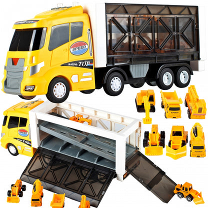 Camion cu Vehicule de constuctii Speed Top Racing idealSTORE, Dimensiuni 43 x 12 x 17 cm Echipat cu roti durabile din cauciuc, Efecte sonore, Lumini, Rampa, Accesorizat cu 6 vehicule, Fabricat din plastic durabil