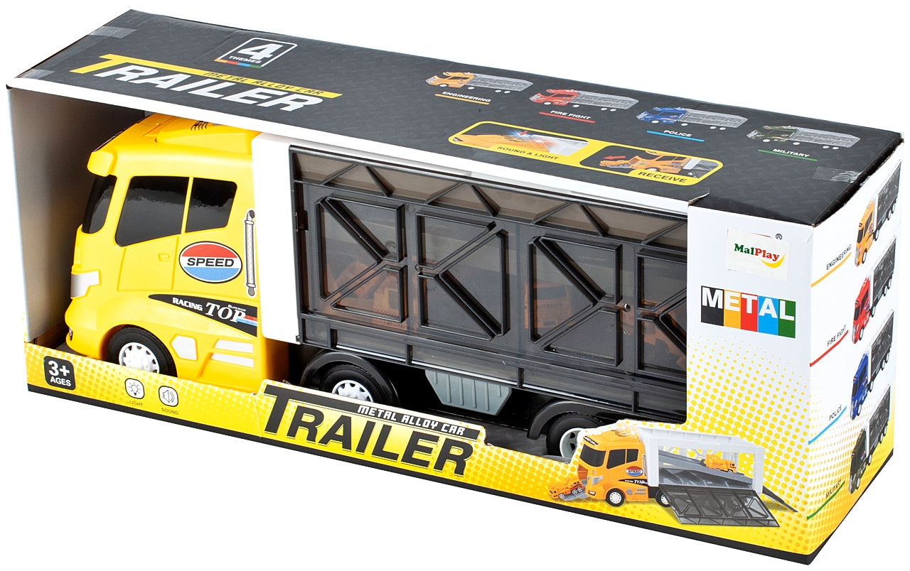 Camion cu Vehicule de constuctii Speed Top Racing idealSTORE, Dimensiuni 43 x 12 x 17 cm Echipat cu roti durabile din cauciuc, Efecte sonore, Lumini, Rampa, Accesorizat cu 6 vehicule, Fabricat din plastic durabil