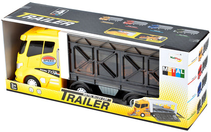 Camion cu Vehicule de constuctii Speed Top Racing idealSTORE, Dimensiuni 43 x 12 x 17 cm Echipat cu roti durabile din cauciuc, Efecte sonore, Lumini, Rampa, Accesorizat cu 6 vehicule, Fabricat din plastic durabil