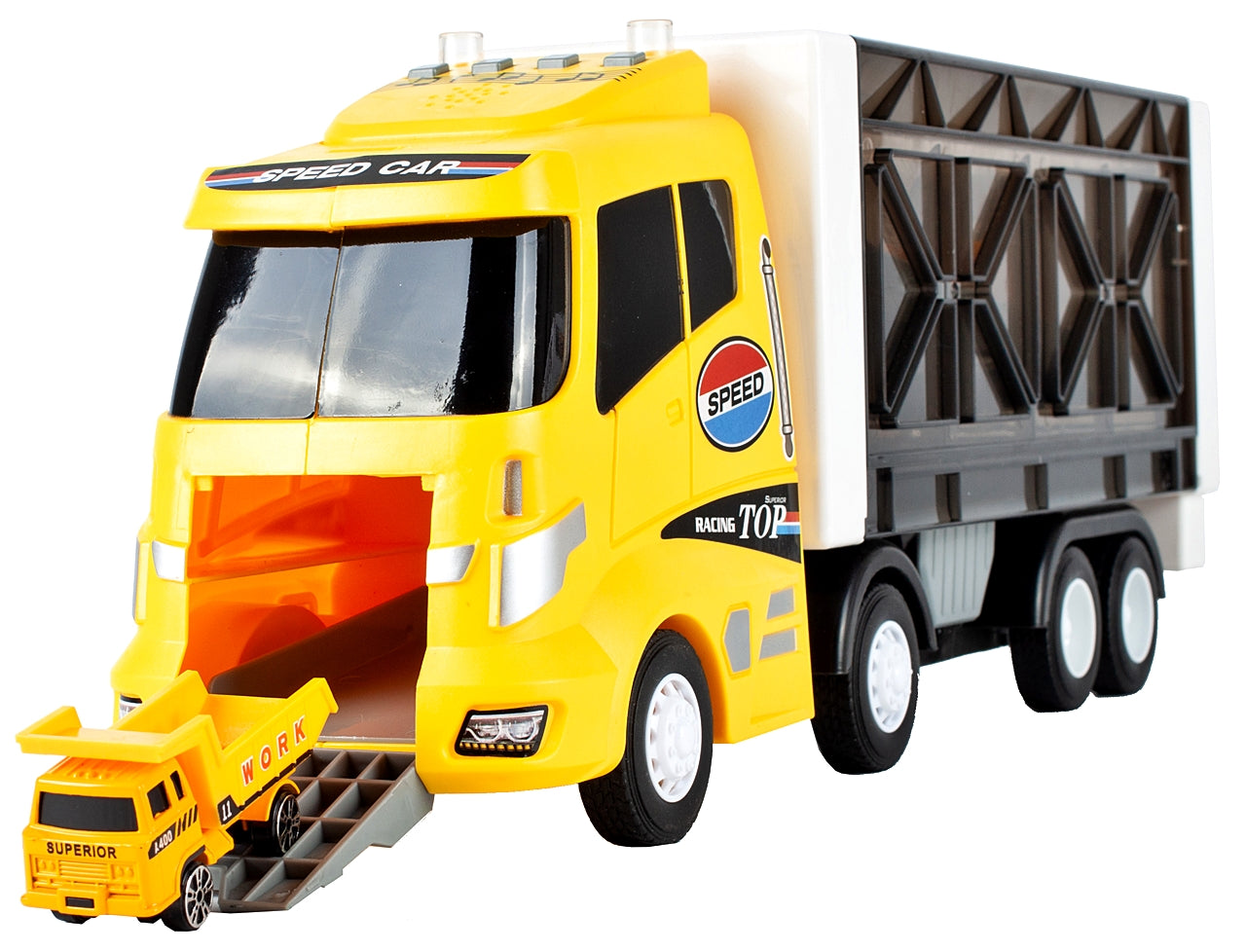 Camion cu Vehicule de constuctii Speed Top Racing idealSTORE, Dimensiuni 43 x 12 x 17 cm Echipat cu roti durabile din cauciuc, Efecte sonore, Lumini, Rampa, Accesorizat cu 6 vehicule, Fabricat din plastic durabil