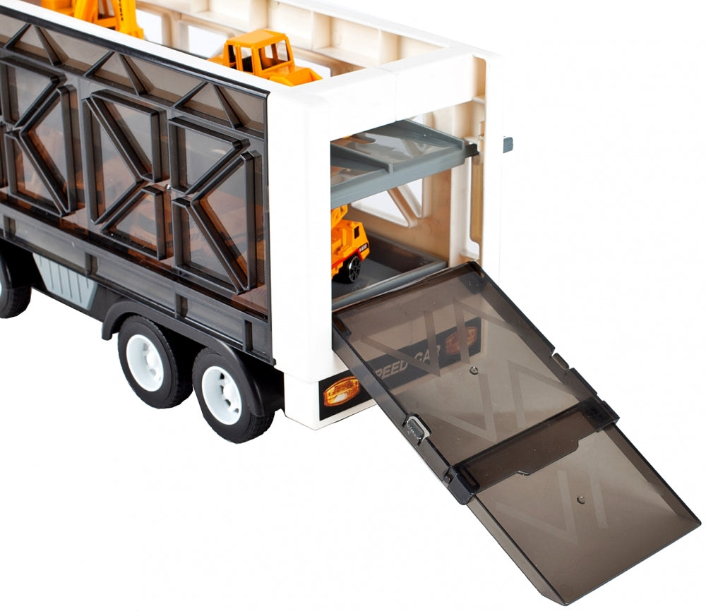 Camion cu Vehicule de constuctii Speed Top Racing idealSTORE, Dimensiuni 43 x 12 x 17 cm Echipat cu roti durabile din cauciuc, Efecte sonore, Lumini, Rampa, Accesorizat cu 6 vehicule, Fabricat din plastic durabil