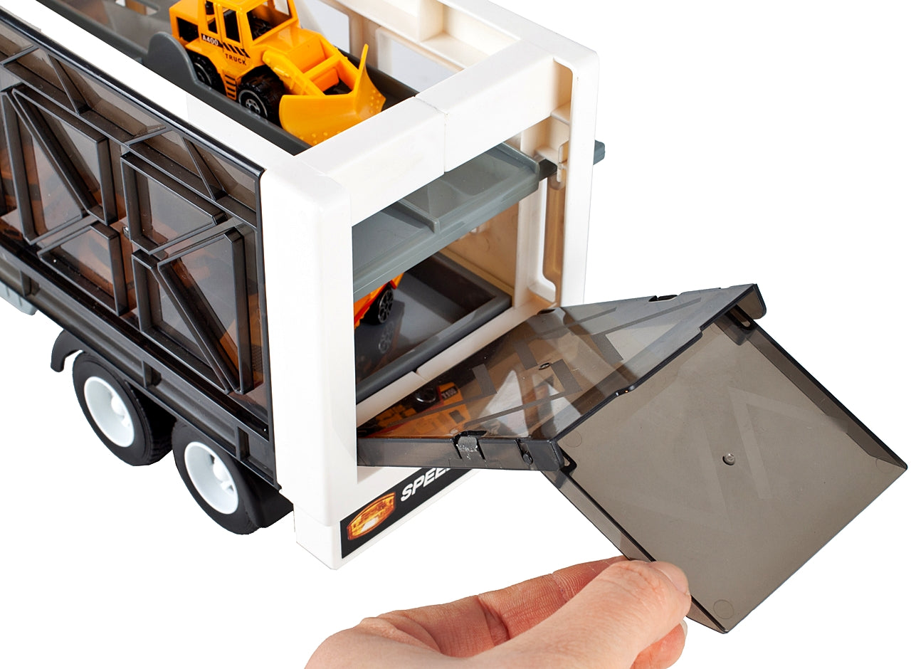 Camion cu Vehicule de constuctii Speed Top Racing idealSTORE, Dimensiuni 43 x 12 x 17 cm Echipat cu roti durabile din cauciuc, Efecte sonore, Lumini, Rampa, Accesorizat cu 6 vehicule, Fabricat din plastic durabil