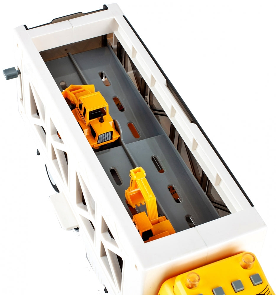 Camion cu Vehicule de constuctii Speed Top Racing idealSTORE, Dimensiuni 43 x 12 x 17 cm Echipat cu roti durabile din cauciuc, Efecte sonore, Lumini, Rampa, Accesorizat cu 6 vehicule, Fabricat din plastic durabil