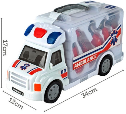 Set Masinuta de Ambulanta idealStore Doctor Red Cu Kit Medical 9 Elemente, Multifunctional, Pliabil, Lumini Intermitente, Joc creativ si interactiv, Lumina intermitenta, Sunete reale