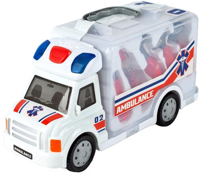 Set Masinuta de Ambulanta idealStore Doctor Red Cu Kit Medical 9 Elemente, Multifunctional, Pliabil, Lumini Intermitente, Joc creativ si interactiv, Lumina intermitenta, Sunete reale