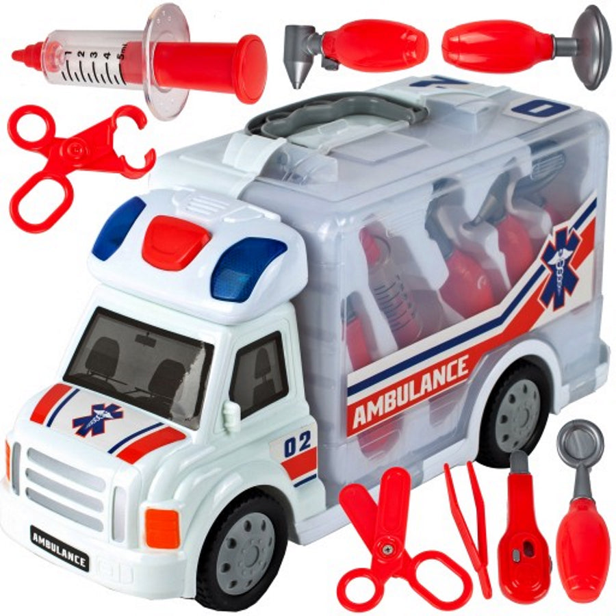 Set Masinuta de Ambulanta idealStore Doctor Red Cu Kit Medical 9 Elemente, Multifunctional, Pliabil, Lumini Intermitente, Joc creativ si interactiv, Lumina intermitenta, Sunete reale