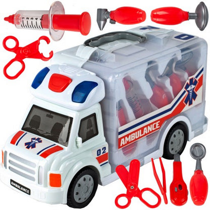 Set Masinuta de Ambulanta idealStore Doctor Red Cu Kit Medical 9 Elemente, Multifunctional, Pliabil, Lumini Intermitente, Joc creativ si interactiv, Lumina intermitenta, Sunete reale