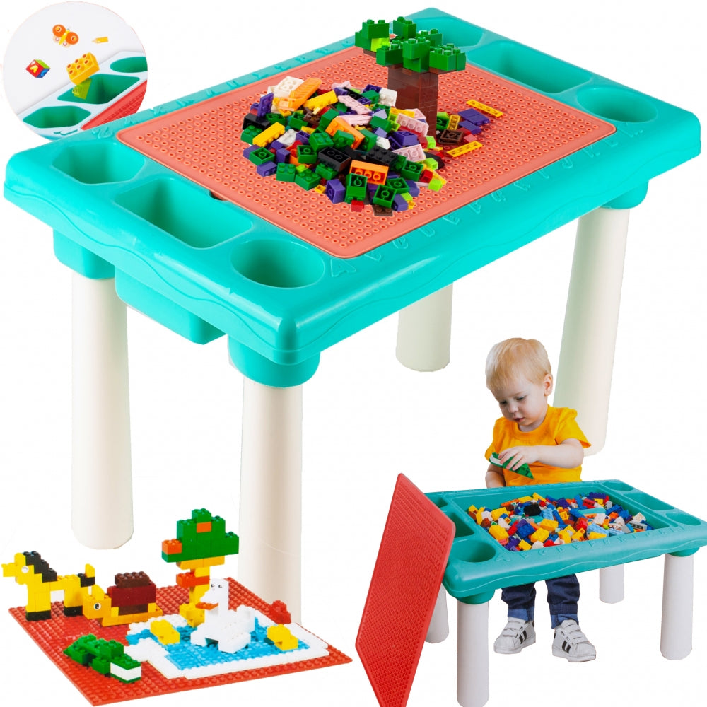 Masa Educativa TOY BLOCK idealStore, Dimensiuni 48 x 30 x 26.5 cm, Blat Dublu cu Doua Fete, 300 Blocuri Colorate de Diferite Forme si Dimensiuni, Spatiu de Depozitare sub Blat, Structura Stabila si Durabila