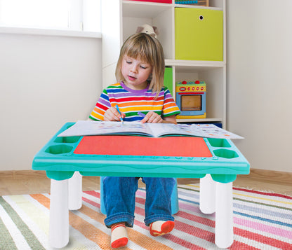 Masa Educativa TOY BLOCK idealStore, Dimensiuni 48 x 30 x 26.5 cm, Blat Dublu cu Doua Fete, 300 Blocuri Colorate de Diferite Forme si Dimensiuni, Spatiu de Depozitare sub Blat, Structura Stabila si Durabila