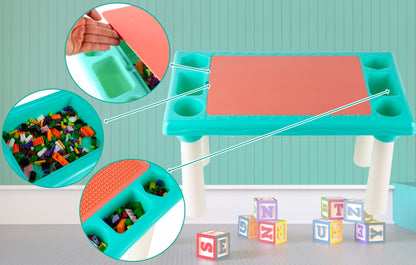 Masa Educativa TOY BLOCK idealStore, Dimensiuni 48 x 30 x 26.5 cm, Blat Dublu cu Doua Fete, 300 Blocuri Colorate de Diferite Forme si Dimensiuni, Spatiu de Depozitare sub Blat, Structura Stabila si Durabila