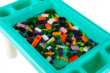 Masa Educativa TOY BLOCK idealStore, Dimensiuni 48 x 30 x 26.5 cm, Blat Dublu cu Doua Fete, 300 Blocuri Colorate de Diferite Forme si Dimensiuni, Spatiu de Depozitare sub Blat, Structura Stabila si Durabila