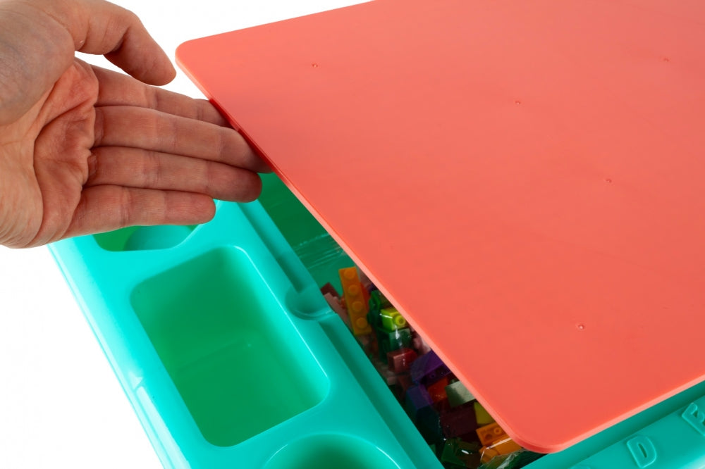 Masa Educativa TOY BLOCK idealStore, Dimensiuni 48 x 30 x 26.5 cm, Blat Dublu cu Doua Fete, 300 Blocuri Colorate de Diferite Forme si Dimensiuni, Spatiu de Depozitare sub Blat, Structura Stabila si Durabila