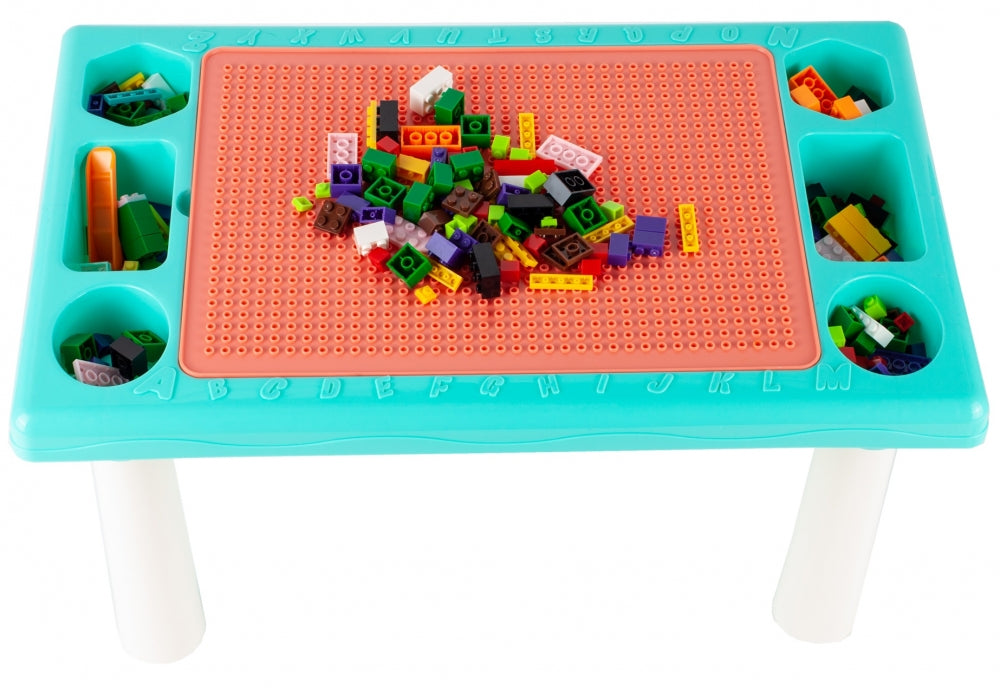 Masa Educativa TOY BLOCK idealStore, Dimensiuni 48 x 30 x 26.5 cm, Blat Dublu cu Doua Fete, 300 Blocuri Colorate de Diferite Forme si Dimensiuni, Spatiu de Depozitare sub Blat, Structura Stabila si Durabila