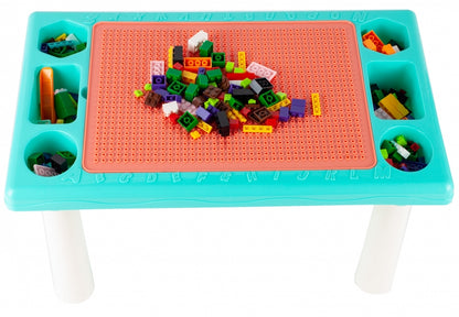 Masa Educativa TOY BLOCK idealStore, Dimensiuni 48 x 30 x 26.5 cm, Blat Dublu cu Doua Fete, 300 Blocuri Colorate de Diferite Forme si Dimensiuni, Spatiu de Depozitare sub Blat, Structura Stabila si Durabila