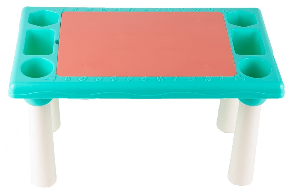 Masa Educativa TOY BLOCK idealStore, Dimensiuni 48 x 30 x 26.5 cm, Blat Dublu cu Doua Fete, 300 Blocuri Colorate de Diferite Forme si Dimensiuni, Spatiu de Depozitare sub Blat, Structura Stabila si Durabila