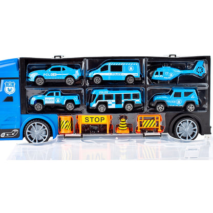 Camion de Politie Stil Valiza Blue Rage idealSTORE, Dimensiuni 39 x 12 8 cm, Accesorizat cu 5 vehicule de politie, elicopter 4 accesorii rutiere, Tobogan de masini, Maner retractabil pentru transportat