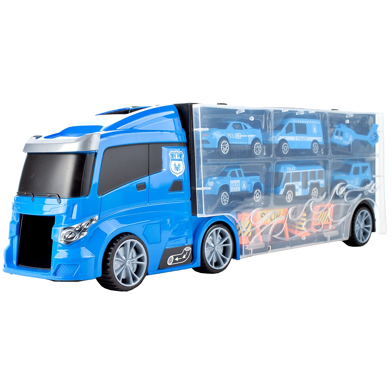 Camion de Politie Stil Valiza Blue Rage idealSTORE, Dimensiuni 39 x 12 8 cm, Accesorizat cu 5 vehicule de politie, elicopter 4 accesorii rutiere, Tobogan de masini, Maner retractabil pentru transportat