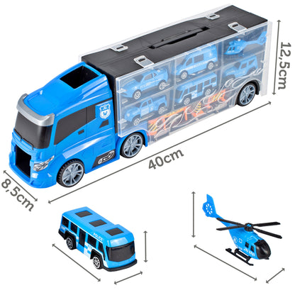 Camion de Politie Stil Valiza Blue Rage idealSTORE, Dimensiuni 39 x 12 8 cm, Accesorizat cu 5 vehicule de politie, elicopter 4 accesorii rutiere, Tobogan de masini, Maner retractabil pentru transportat
