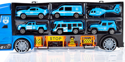 Camion de Politie Stil Valiza Blue Rage idealSTORE, Dimensiuni 39 x 12 8 cm, Accesorizat cu 5 vehicule de politie, elicopter 4 accesorii rutiere, Tobogan de masini, Maner retractabil pentru transportat