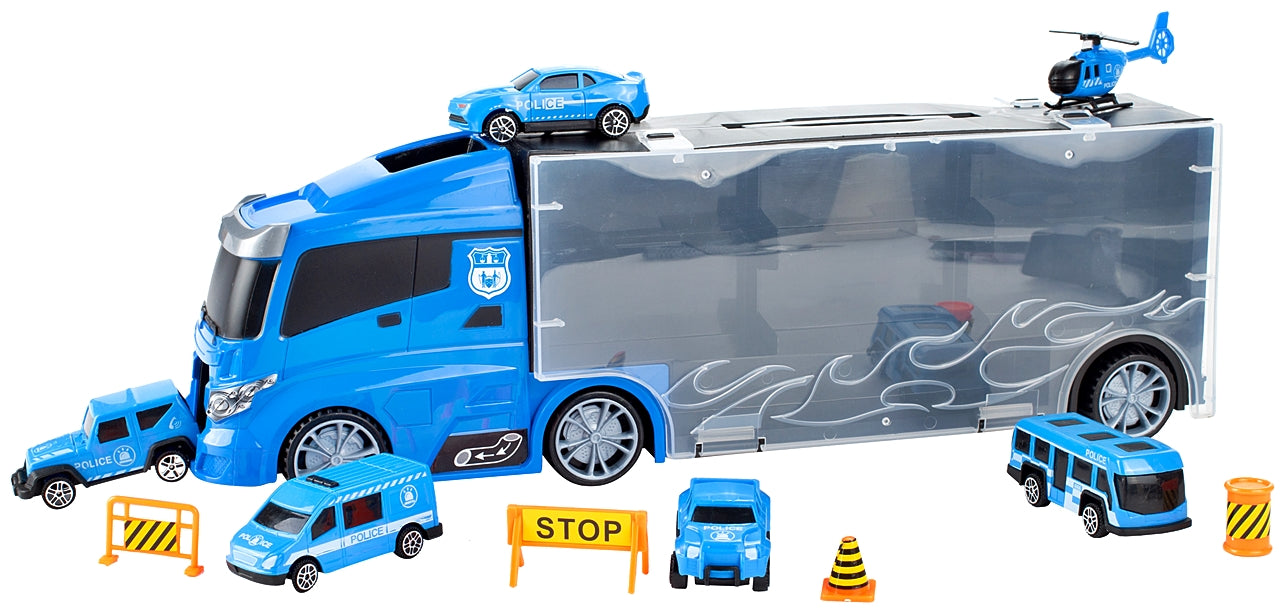 Camion de Politie Stil Valiza Blue Rage idealSTORE, Dimensiuni 39 x 12 8 cm, Accesorizat cu 5 vehicule de politie, elicopter 4 accesorii rutiere, Tobogan de masini, Maner retractabil pentru transportat