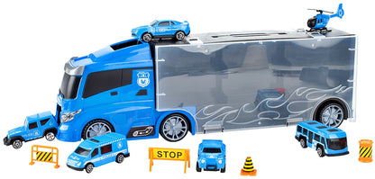 Camion de Politie Stil Valiza Blue Rage idealSTORE, Dimensiuni 39 x 12 8 cm, Accesorizat cu 5 vehicule de politie, elicopter 4 accesorii rutiere, Tobogan de masini, Maner retractabil pentru transportat