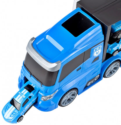 Camion de Politie Stil Valiza Blue Rage idealSTORE, Dimensiuni 39 x 12 8 cm, Accesorizat cu 5 vehicule de politie, elicopter 4 accesorii rutiere, Tobogan de masini, Maner retractabil pentru transportat
