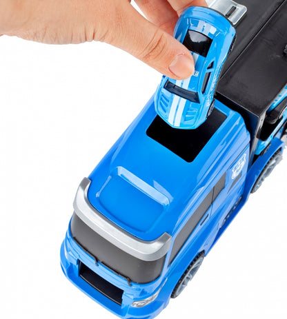 Camion de Politie Stil Valiza Blue Rage idealSTORE, Dimensiuni 39 x 12 8 cm, Accesorizat cu 5 vehicule de politie, elicopter 4 accesorii rutiere, Tobogan de masini, Maner retractabil pentru transportat