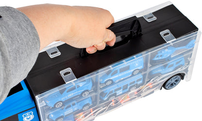 Camion de Politie Stil Valiza Blue Rage idealSTORE, Dimensiuni 39 x 12 8 cm, Accesorizat cu 5 vehicule de politie, elicopter 4 accesorii rutiere, Tobogan de masini, Maner retractabil pentru transportat