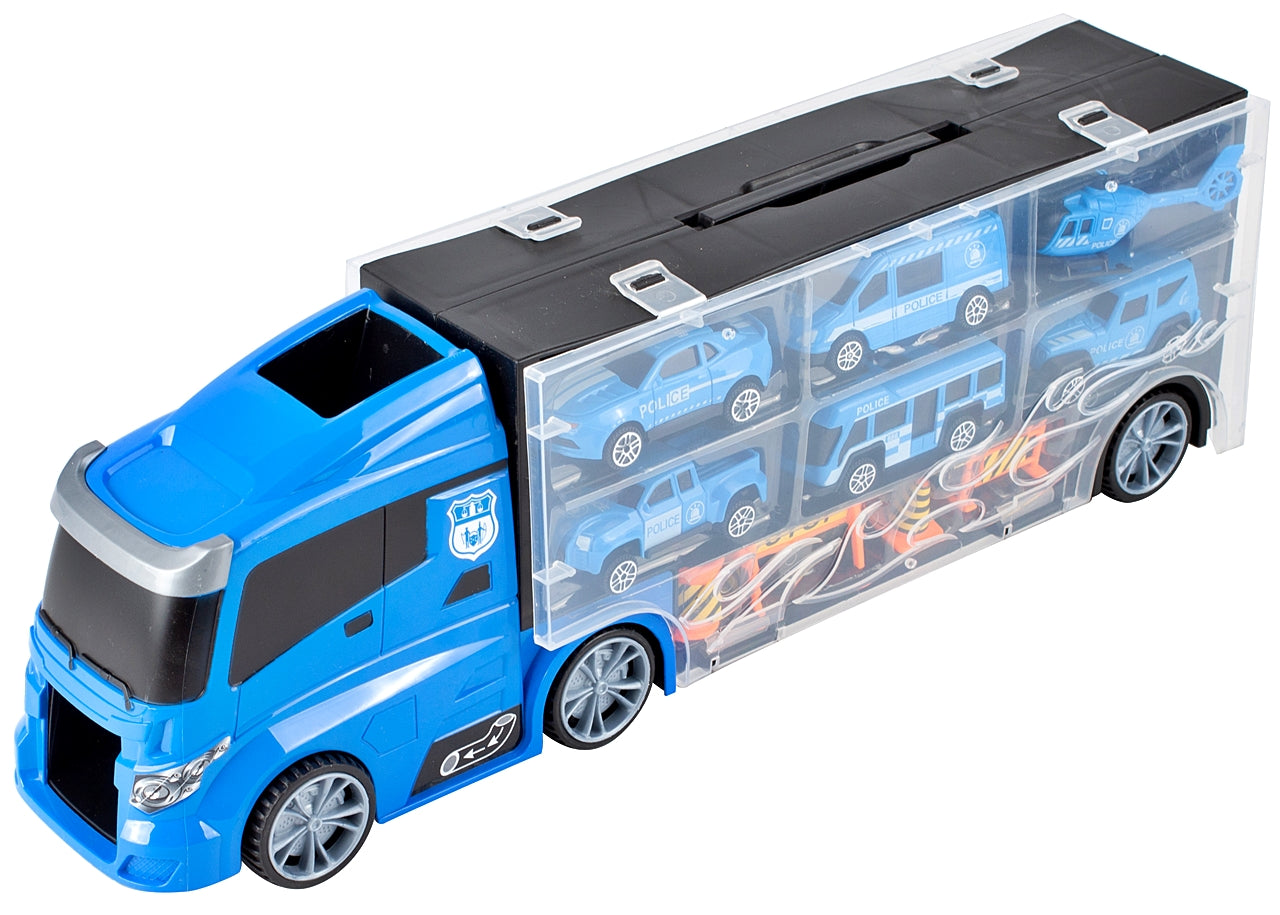 Camion de Politie Stil Valiza Blue Rage idealSTORE, Dimensiuni 39 x 12 8 cm, Accesorizat cu 5 vehicule de politie, elicopter 4 accesorii rutiere, Tobogan de masini, Maner retractabil pentru transportat