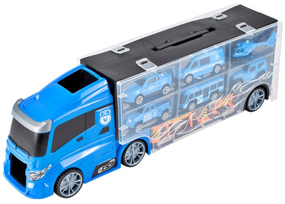 Camion de Politie Stil Valiza Blue Rage idealSTORE, Dimensiuni 39 x 12 8 cm, Accesorizat cu 5 vehicule de politie, elicopter 4 accesorii rutiere, Tobogan de masini, Maner retractabil pentru transportat