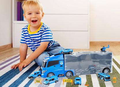 Camion de Politie Stil Valiza Blue Rage idealSTORE, Dimensiuni 39 x 12 8 cm, Accesorizat cu 5 vehicule de politie, elicopter 4 accesorii rutiere, Tobogan de masini, Maner retractabil pentru transportat