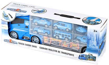 Camion de Politie Stil Valiza Blue Rage idealSTORE, Dimensiuni 39 x 12 8 cm, Accesorizat cu 5 vehicule de politie, elicopter 4 accesorii rutiere, Tobogan de masini, Maner retractabil pentru transportat