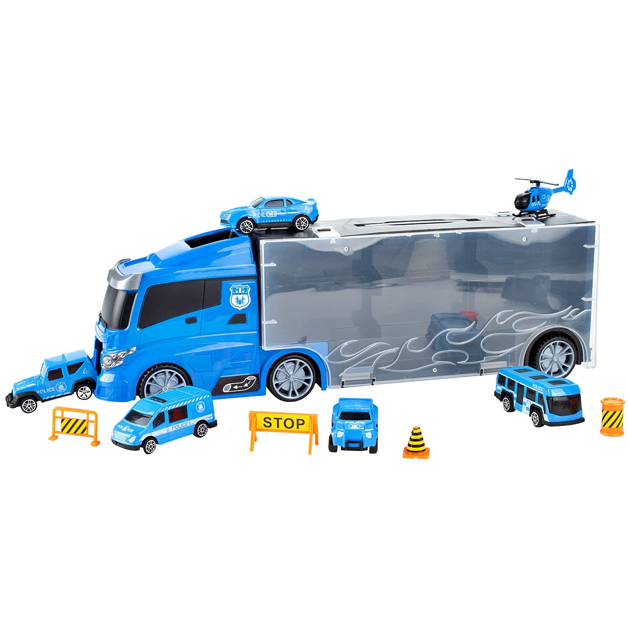 Camion de Politie Stil Valiza Blue Rage idealSTORE, Dimensiuni 39 x 12 8 cm, Accesorizat cu 5 vehicule de politie, elicopter 4 accesorii rutiere, Tobogan de masini, Maner retractabil pentru transportat