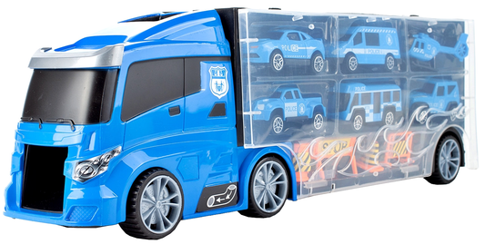 Camion de Politie Stil Valiza Blue Rage idealSTORE, Dimensiuni 39 x 12 8 cm, Accesorizat cu 5 vehicule de politie, elicopter 4 accesorii rutiere, Tobogan de masini, Maner retractabil pentru transportat
