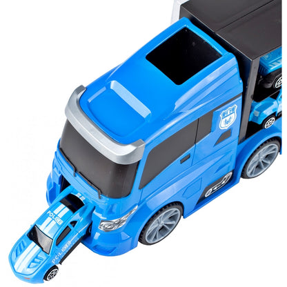 Camion de Politie Stil Valiza Blue Rage idealSTORE, Dimensiuni 39 x 12 8 cm, Accesorizat cu 5 vehicule de politie, elicopter 4 accesorii rutiere, Tobogan de masini, Maner retractabil pentru transportat