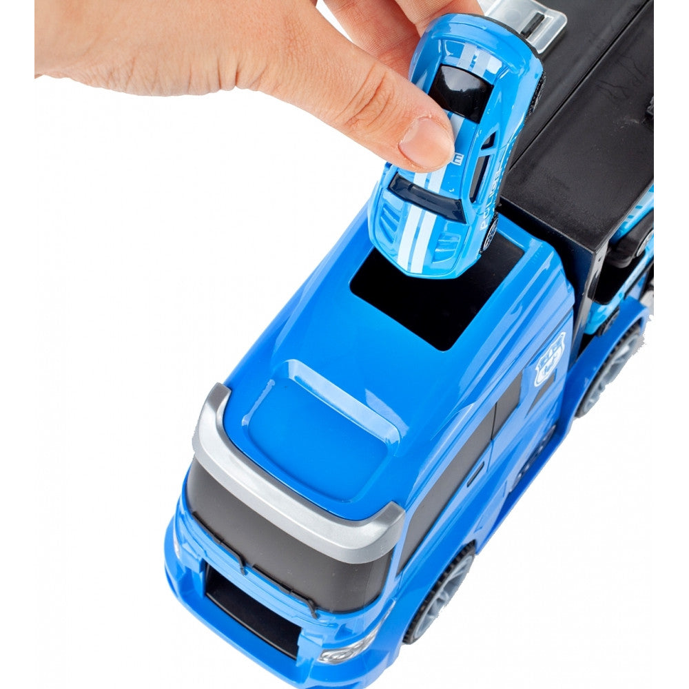 Camion de Politie Stil Valiza Blue Rage idealSTORE, Dimensiuni 39 x 12 8 cm, Accesorizat cu 5 vehicule de politie, elicopter 4 accesorii rutiere, Tobogan de masini, Maner retractabil pentru transportat