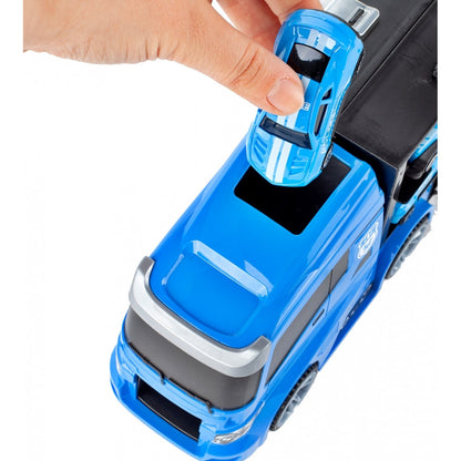 Camion de Politie Stil Valiza Blue Rage idealSTORE, Dimensiuni 39 x 12 8 cm, Accesorizat cu 5 vehicule de politie, elicopter 4 accesorii rutiere, Tobogan de masini, Maner retractabil pentru transportat