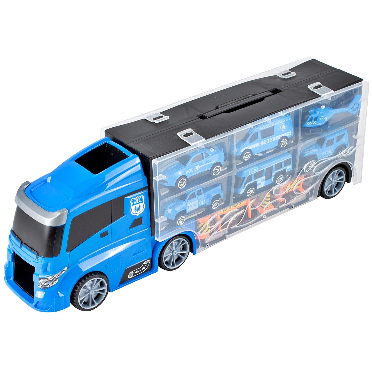 Camion de Politie Stil Valiza Blue Rage idealSTORE, Dimensiuni 39 x 12 8 cm, Accesorizat cu 5 vehicule de politie, elicopter 4 accesorii rutiere, Tobogan de masini, Maner retractabil pentru transportat