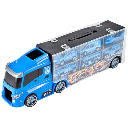 Camion de Politie Stil Valiza Blue Rage idealSTORE, Dimensiuni 39 x 12 8 cm, Accesorizat cu 5 vehicule de politie, elicopter 4 accesorii rutiere, Tobogan de masini, Maner retractabil pentru transportat