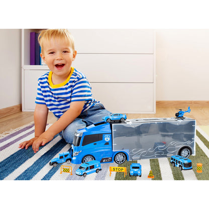 Camion de Politie Stil Valiza Blue Rage idealSTORE, Dimensiuni 39 x 12 8 cm, Accesorizat cu 5 vehicule de politie, elicopter 4 accesorii rutiere, Tobogan de masini, Maner retractabil pentru transportat