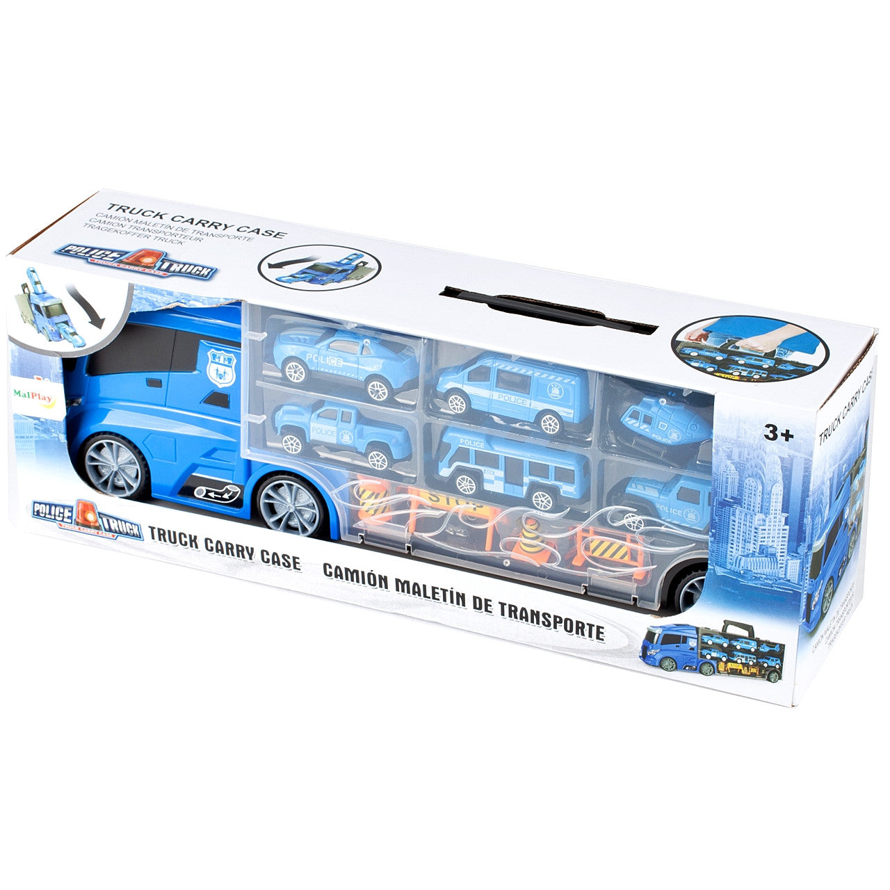 Camion de Politie Stil Valiza Blue Rage idealSTORE, Dimensiuni 39 x 12 8 cm, Accesorizat cu 5 vehicule de politie, elicopter 4 accesorii rutiere, Tobogan de masini, Maner retractabil pentru transportat