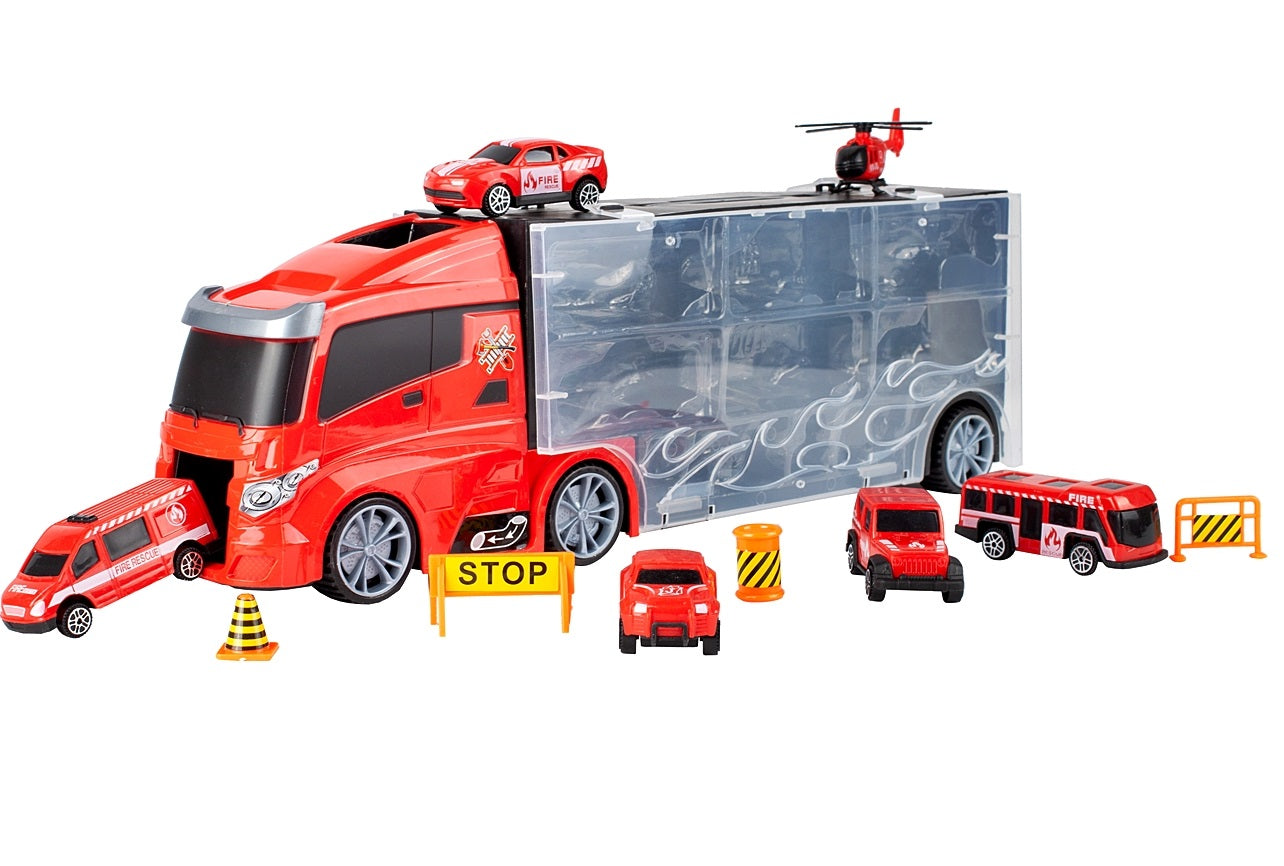 Camion interactiv Fire Truck idealSTORE cu 6 utilaje de pompieri Dimensiuni 40 x 9 x 13 cm, Include elicopter, autobuz
