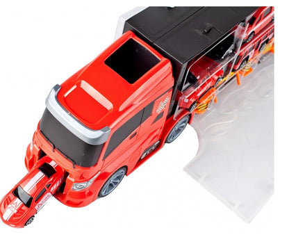 Camion interactiv Fire Truck idealSTORE cu 6 utilaje de pompieri Dimensiuni 40 x 9 x 13 cm, Include elicopter, autobuz