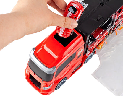 Camion interactiv Fire Truck idealSTORE cu 6 utilaje de pompieri Dimensiuni 40 x 9 x 13 cm, Include elicopter, autobuz