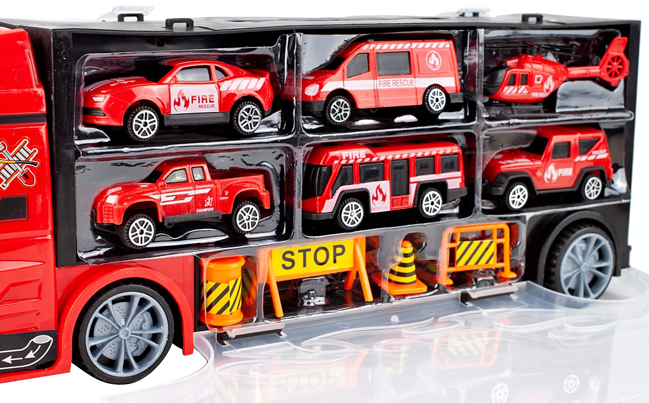 Camion interactiv Fire Truck idealSTORE cu 6 utilaje de pompieri Dimensiuni 40 x 9 x 13 cm, Include elicopter, autobuz