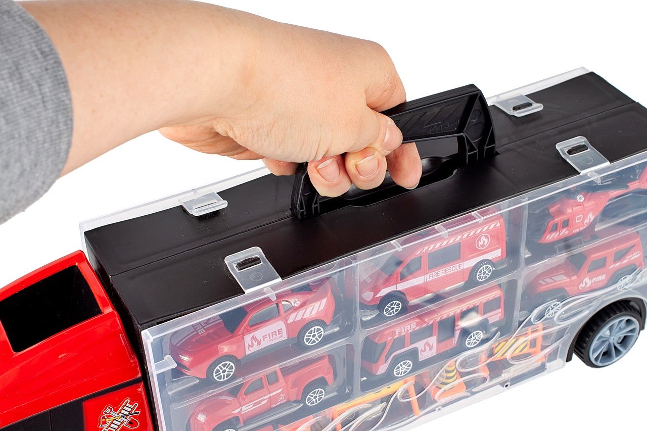 Camion interactiv Fire Truck idealSTORE cu 6 utilaje de pompieri Dimensiuni 40 x 9 x 13 cm, Include elicopter, autobuz